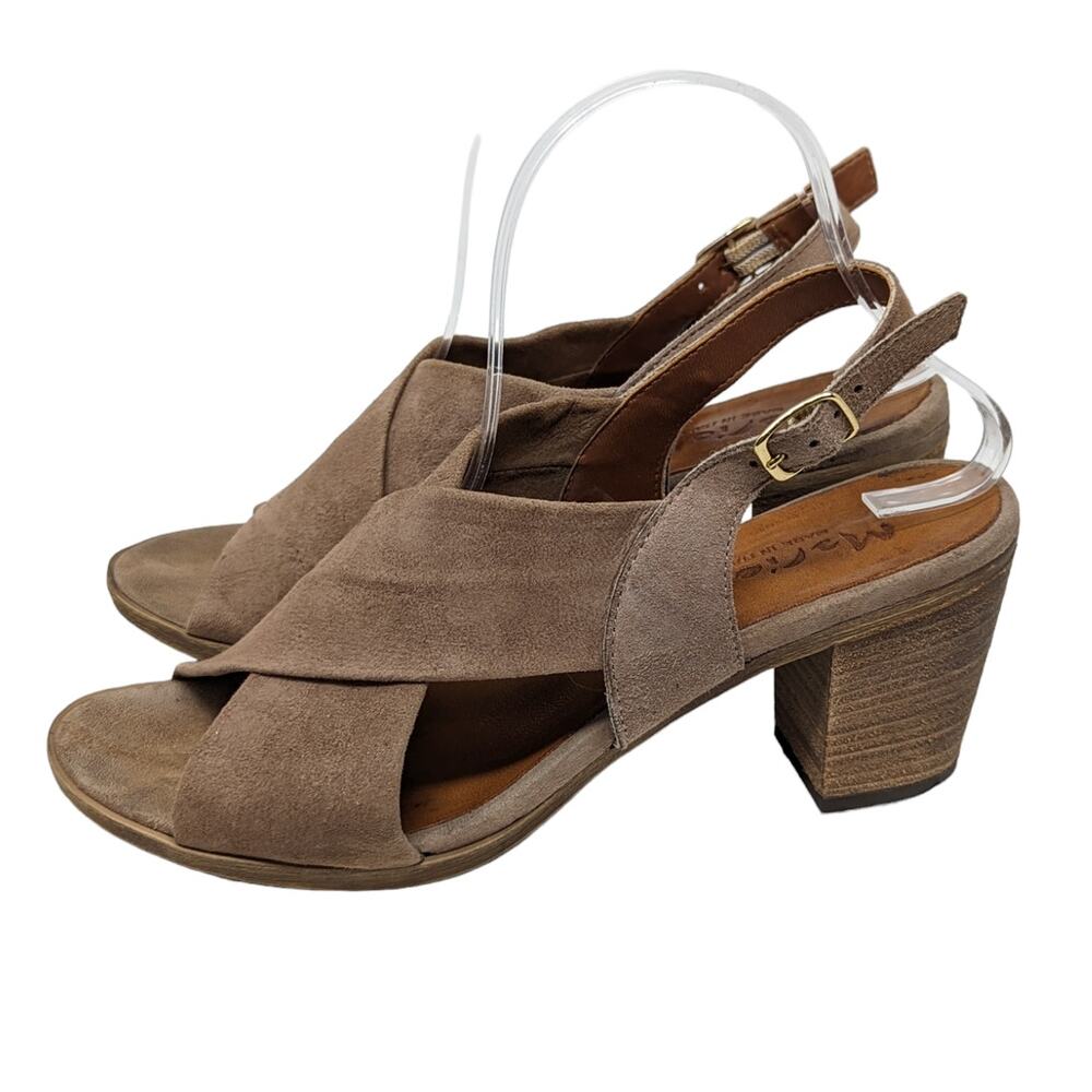 Mariella Suede Open Toe Sling Back Block Heel Sandal Tan